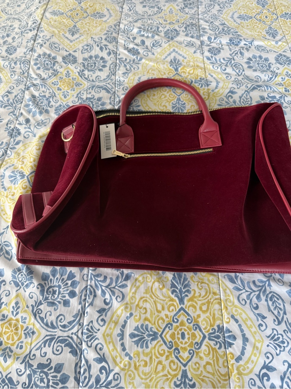 Tote&Carry Velvet Burgundy Travel Weekender Bag with Gold-Zip Accent